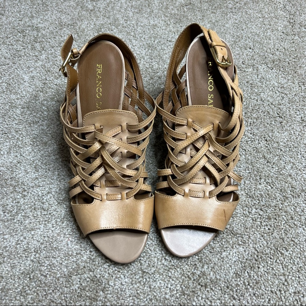 NWOT Franco Sarto Tan Leather Wedge Sandals
